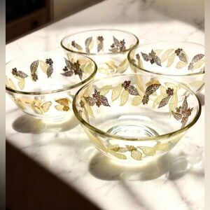 Set Of 4 Berry Bowls Small Desert Dish MCM Clear With Gold Leaves